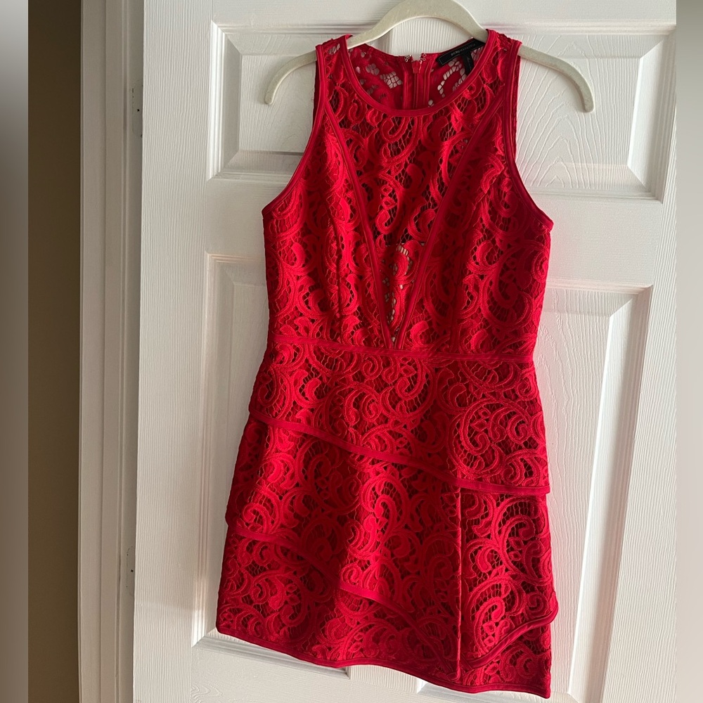 Bcbgmaxazria red lace formal mini dress